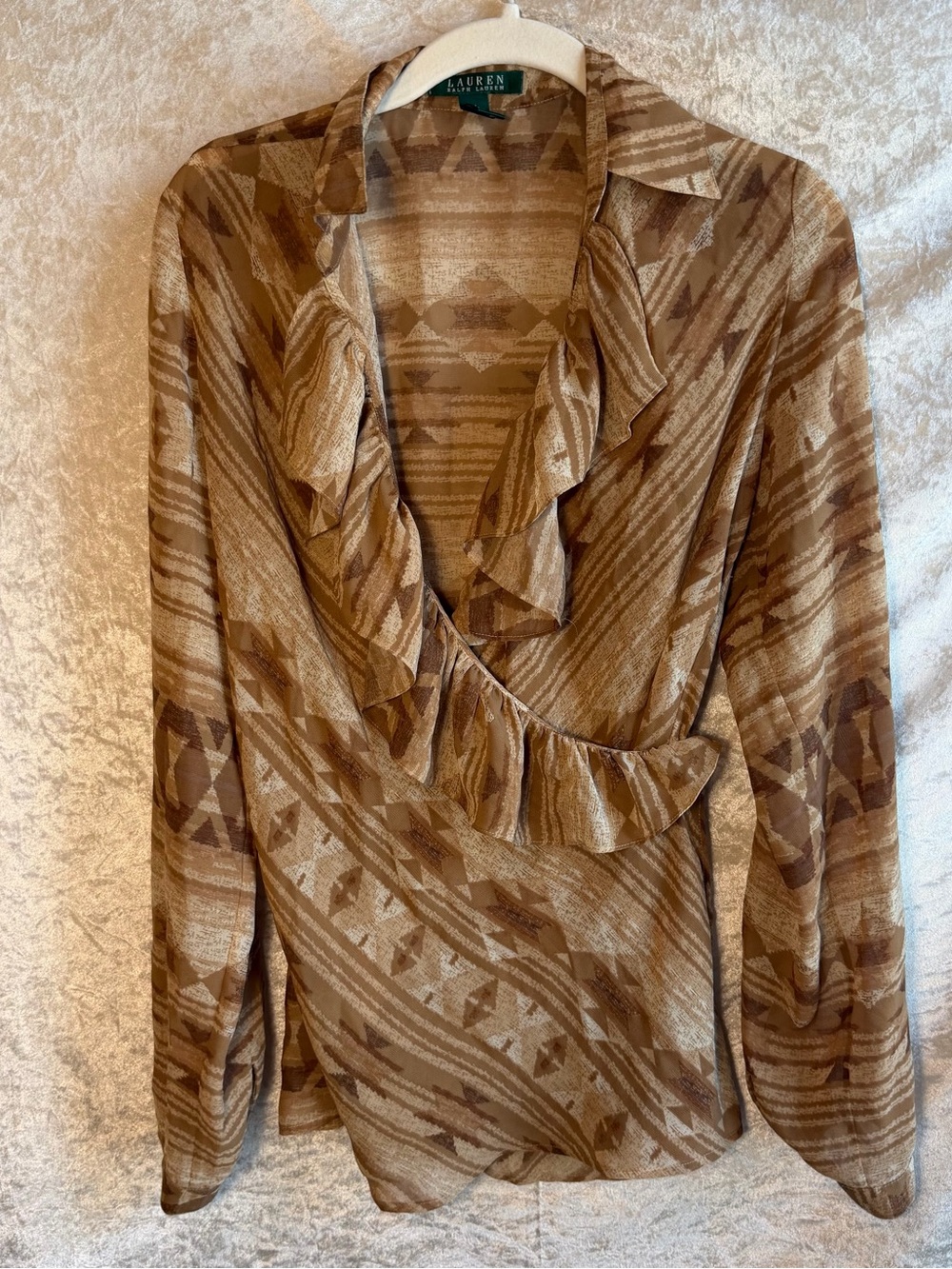Lauren Ralph Lauren Y2K Sheer Ruffle Wrap Blouse Brown Aztec Print Size M